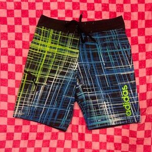 Adidas Blue and Lime Plaid Men’s Swim Trunks